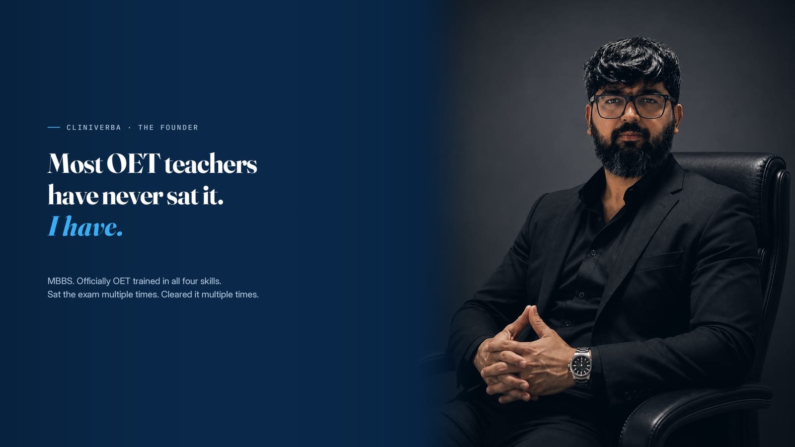 Dr. Nasir Bukhari, Executive Director of CliniVerba, seated in a dark suit beside the line &ldquo;Most OET teachers have never sat it. I have.&rdquo;