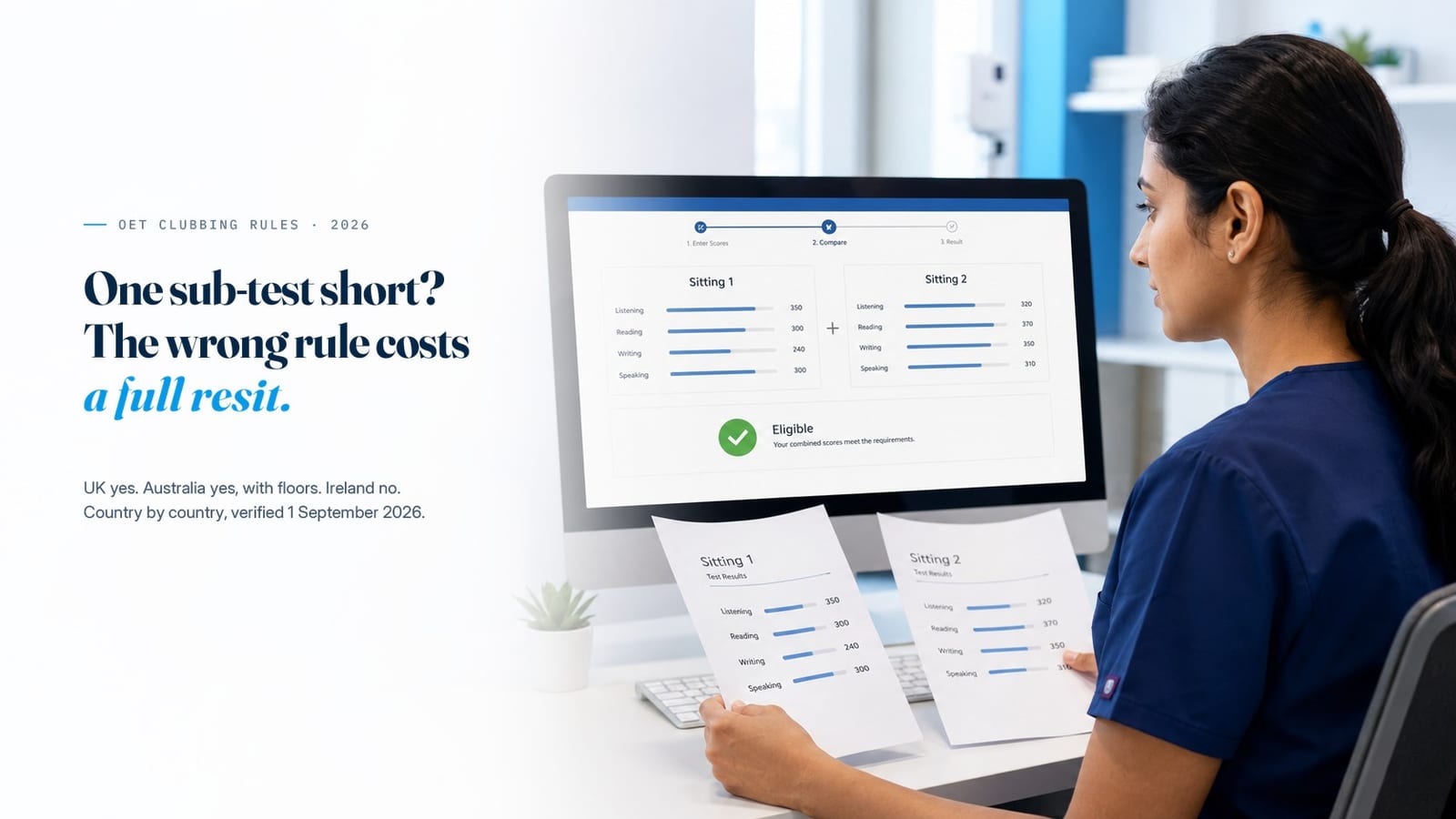 A nurse at a monitor comparing two OET sittings side by side, one from April and one from May, with the combined result marked eligible