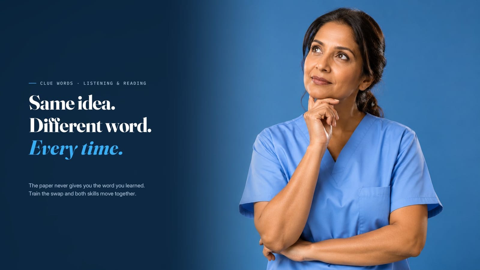 OET clue words: a healthcare professional considering how one idea arrives in a different word, the synonym swap that OET Listening and Reading are built on.