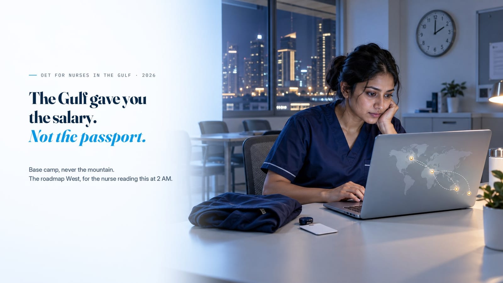 A nurse in scrubs at a laptop late at night in a Gulf hospital office, a world map of migration routes on the screen and a lit city skyline through the window