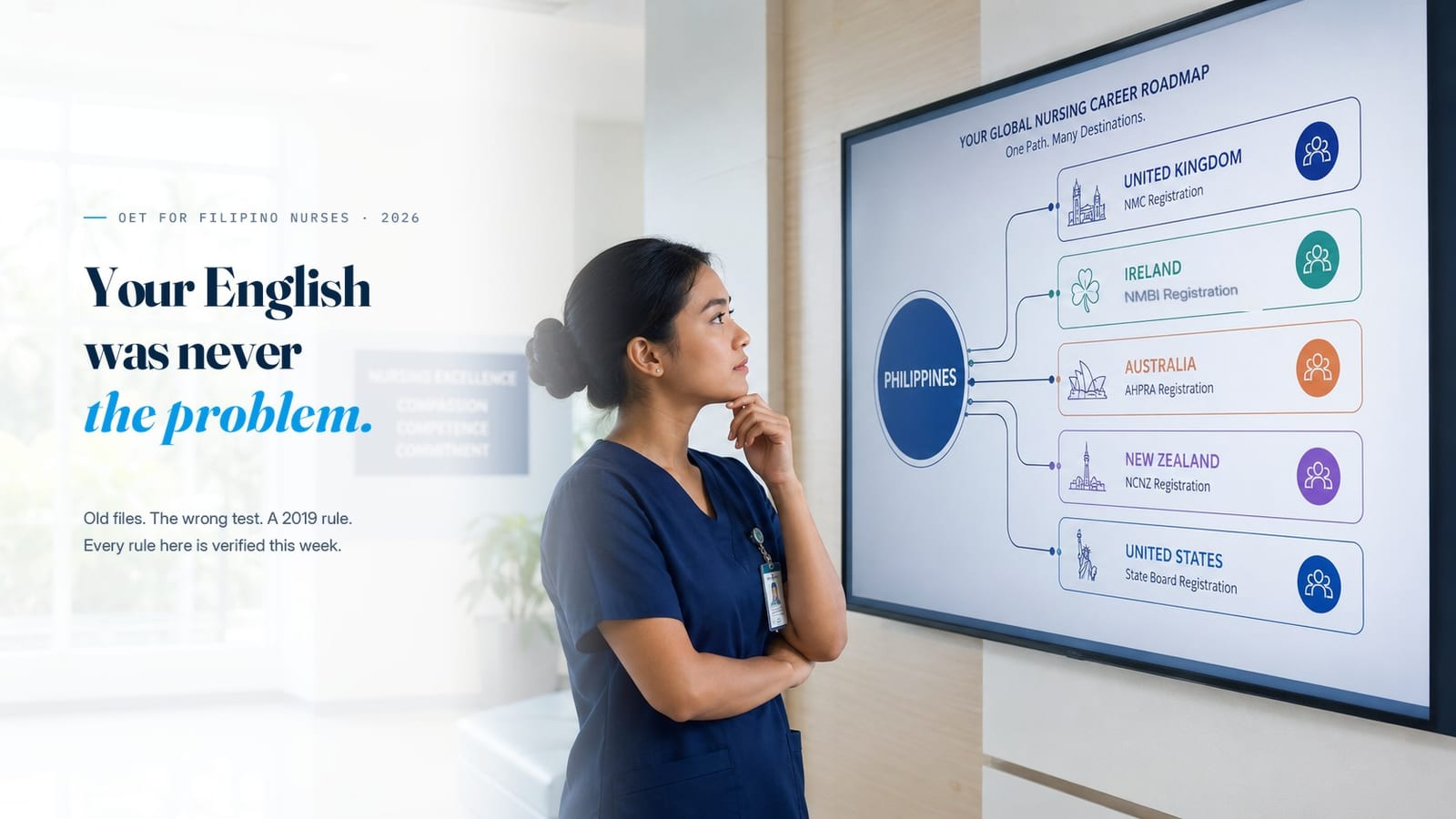 A Filipino nurse in scrubs studying a screen that maps her routes abroad from the Philippines to the United Kingdom, Ireland, Australia, New Zealand and the United States