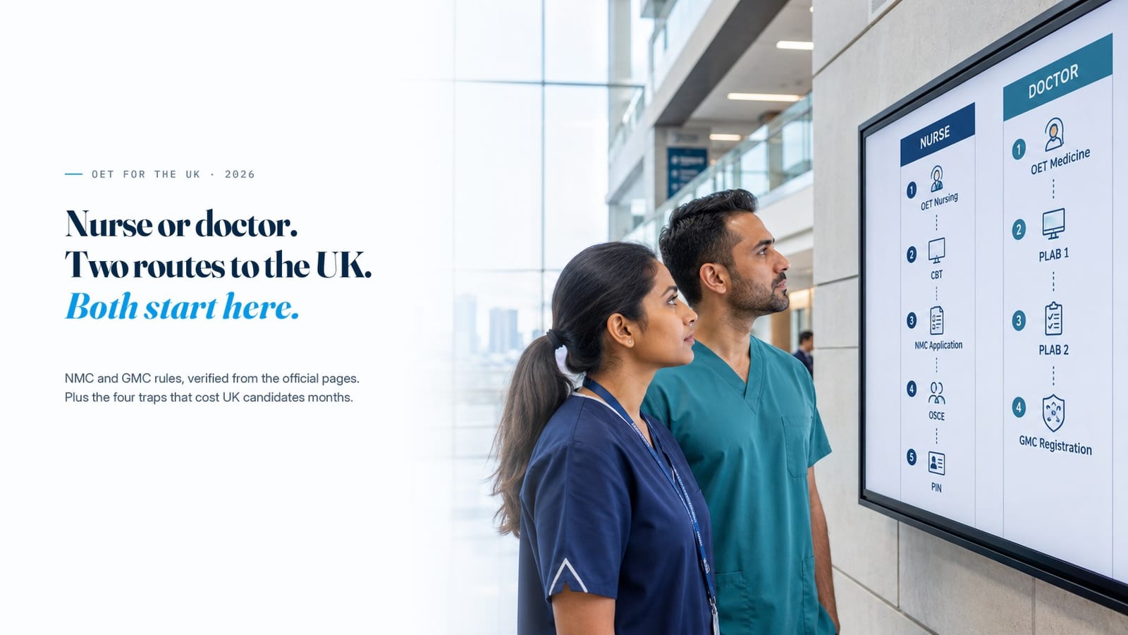 A nurse and a doctor in scrubs reading a hospital wall display that maps the two UK routes side by side, OET Nursing to CBT to OSCE to PIN, and OET Medicine to PLAB to GMC registration