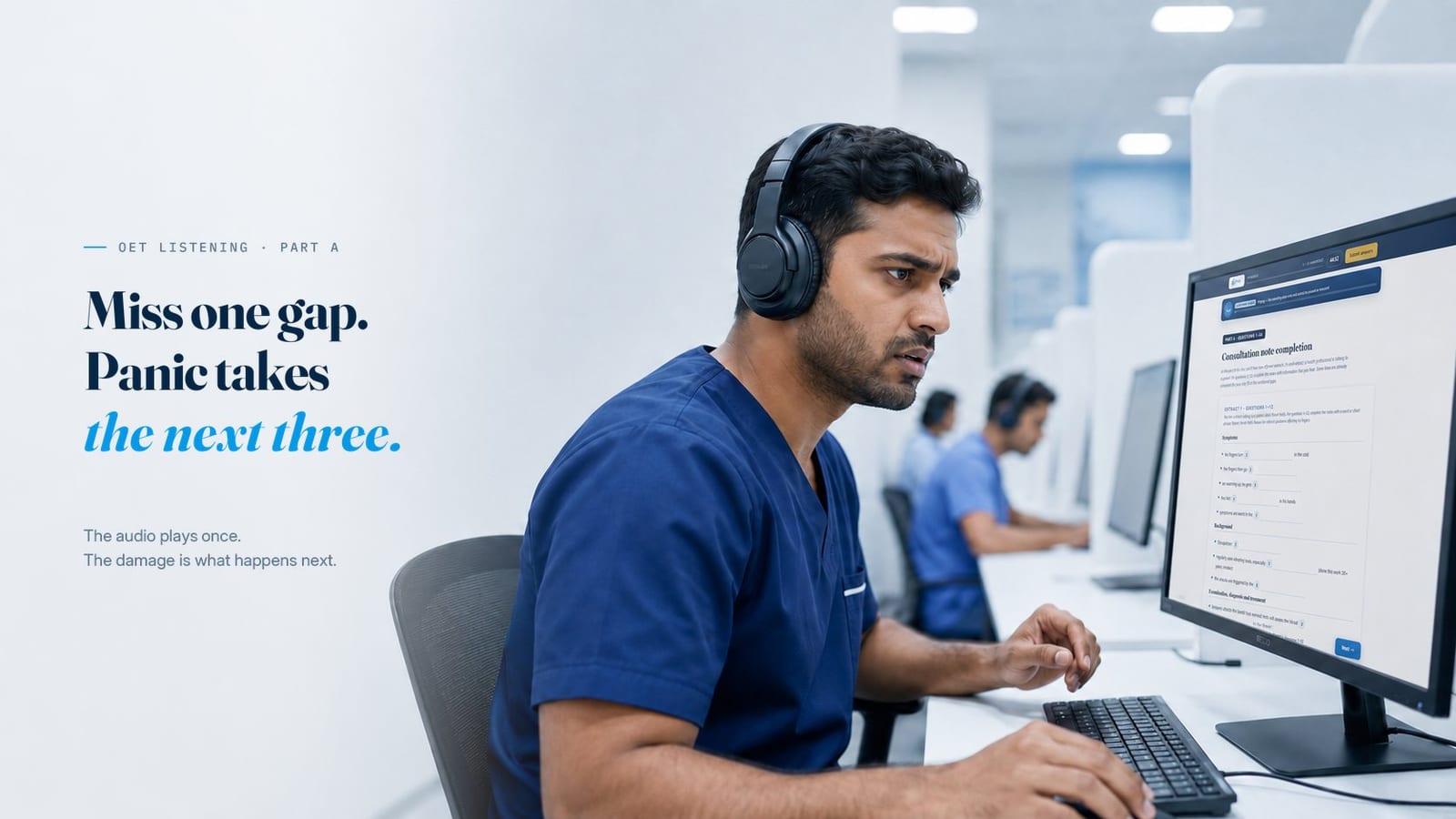 OET Listening Part A: a nurse in scrubs wearing headphones, concentrating on a note completion task during a computer-based OET Listening test.