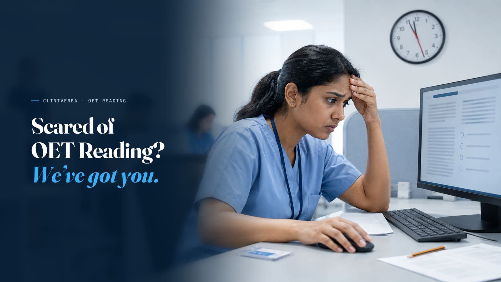 Scared of OET Reading? We have got you. A nurse looking worried at an on-screen OET Reading test.