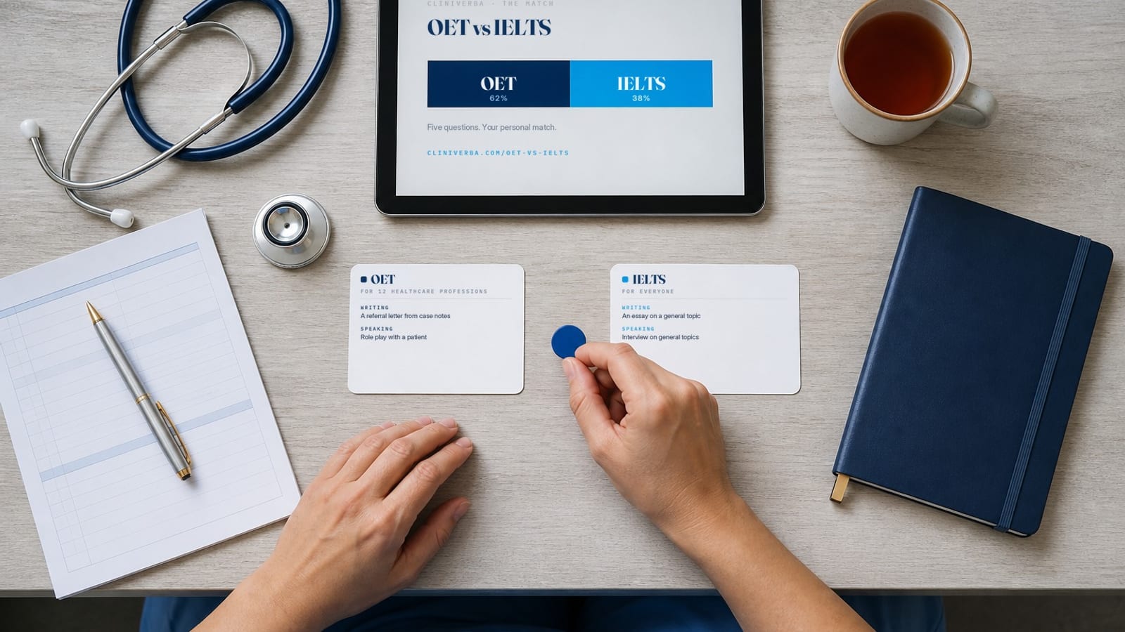 OET versus IELTS: a clinician&rsquo;s desk seen from above, with a tablet showing a split match bar, sixty two percent OET against thirty eight percent IELTS.