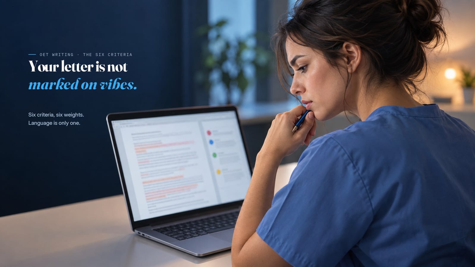 A nurse in scrubs reviewing a marked OET writing letter on a laptop, corrections highlighted in the text and the six assessment criteria listed beside it