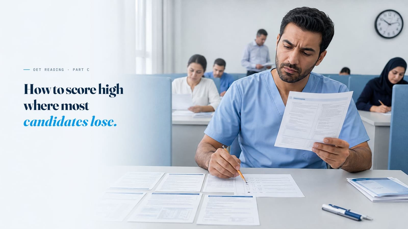 OET Reading Part C: how to score high where most candidates lose. A doctor comparing a long Part C text against an answer sheet.
