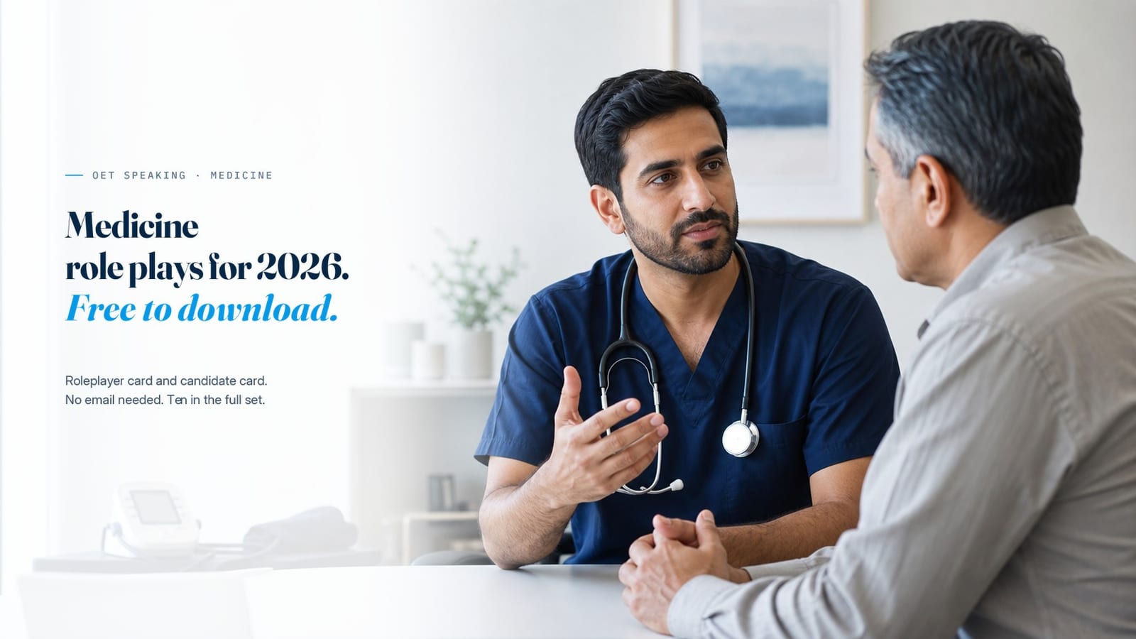 A doctor speaking with a patient, beside the line &ldquo;Medicine role plays for 2026, free to download.&rdquo;