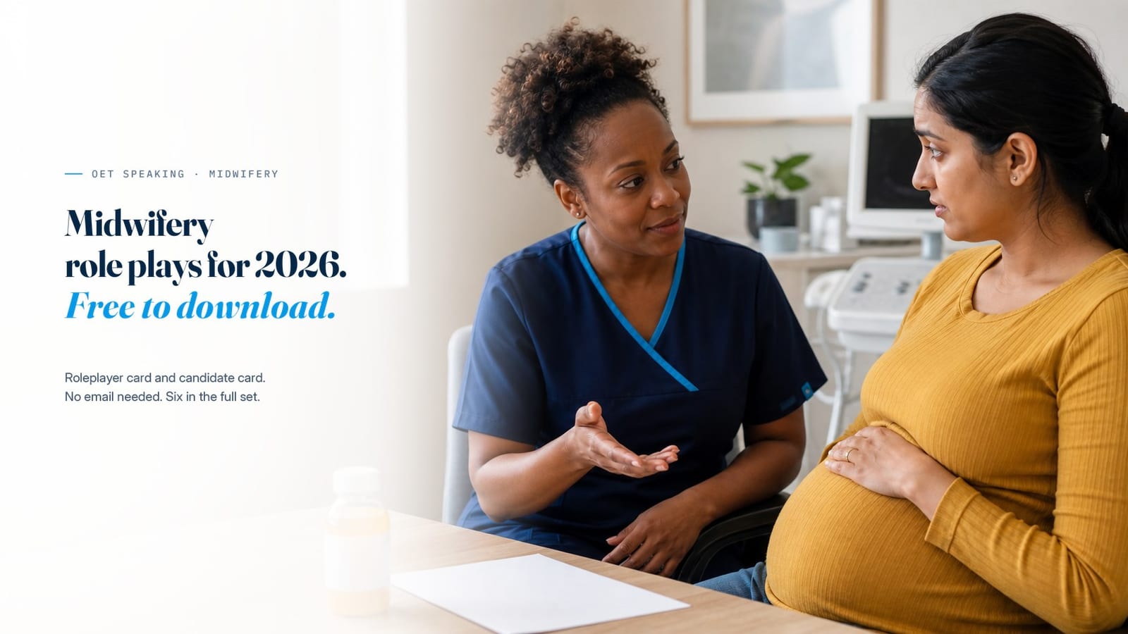 A midwife speaking with a patient, beside the line &ldquo;Midwifery role plays for 2026, free to download.&rdquo;