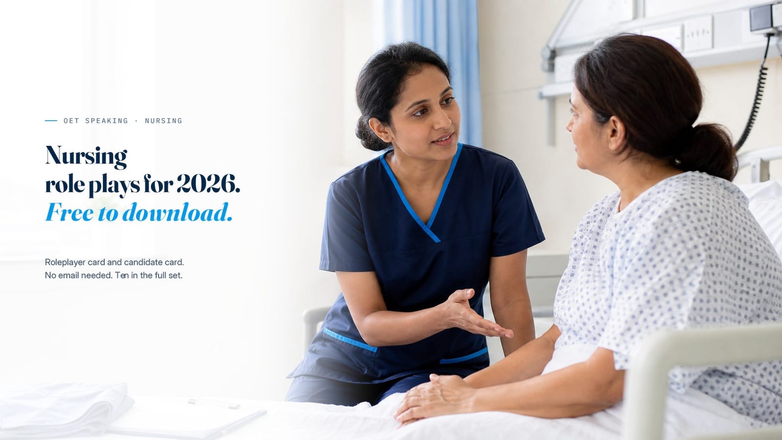 A nurse speaking with a patient, beside the line &ldquo;Nursing role plays for 2026, free to download.&rdquo;