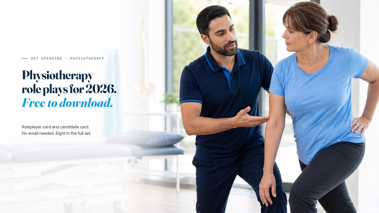 A physiotherapist speaking with a patient, beside the line &ldquo;Physiotherapy role plays for 2026, free to download.&rdquo;