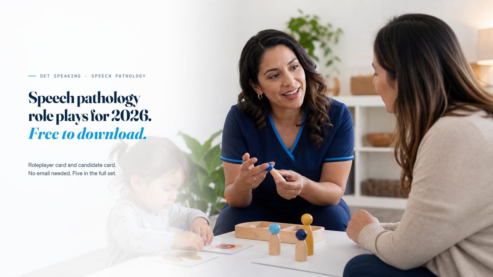 A speech pathologist speaking with a patient, beside the line &ldquo;Speech Pathology role plays for 2026, free to download.&rdquo;