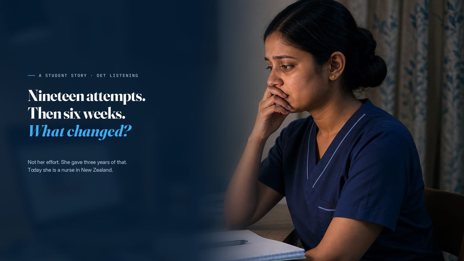 A nurse alone at a desk at night, beside the line &ldquo;Nineteen attempts. Then six weeks. What changed?&rdquo;