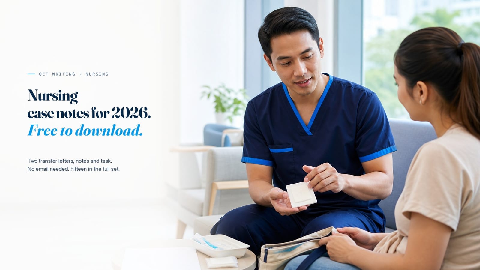 A nursing consultation of the kind these case notes are written from, beside the line &ldquo;Nursing case notes for 2026, free to download.&rdquo;
