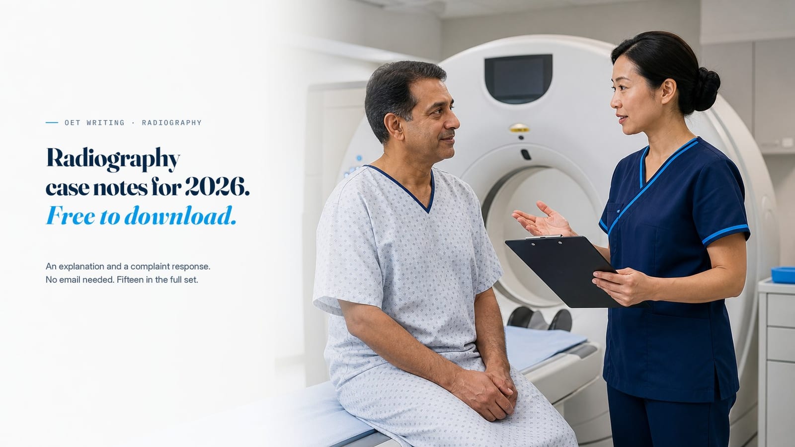 A radiography consultation of the kind these case notes are written from, beside the line &ldquo;Radiography case notes for 2026, free to download.&rdquo;