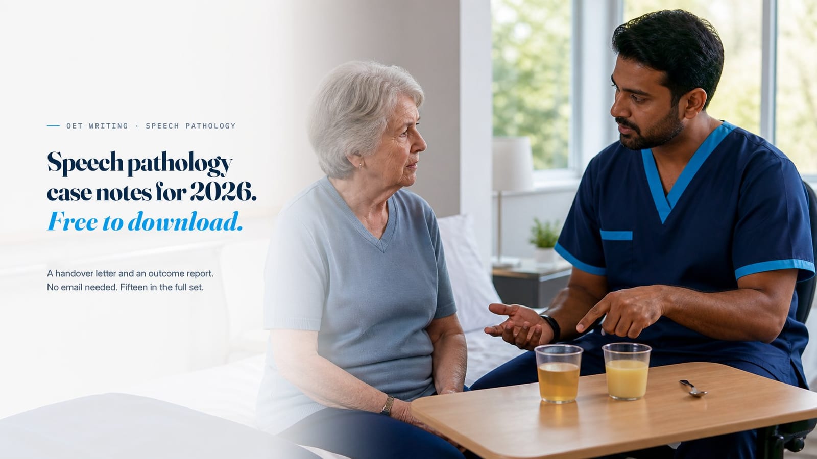 A speech pathology consultation of the kind these case notes are written from, beside the line &ldquo;Speech Pathology case notes for 2026, free to download.&rdquo;