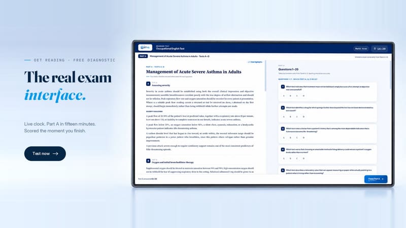 The OET HQ Reading test interface, showing Part A texts A to D beside questions 1 to 20 with the fifteen minute timer running