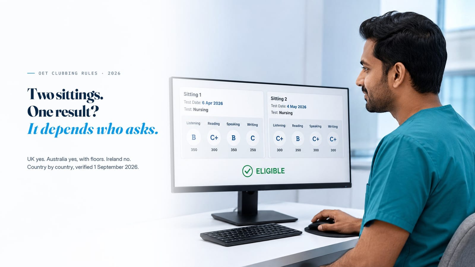A nurse comparing two OET result slips from different sittings on screen, beside the line &ldquo;One sub-test short? The wrong rule costs a full resit.&rdquo;