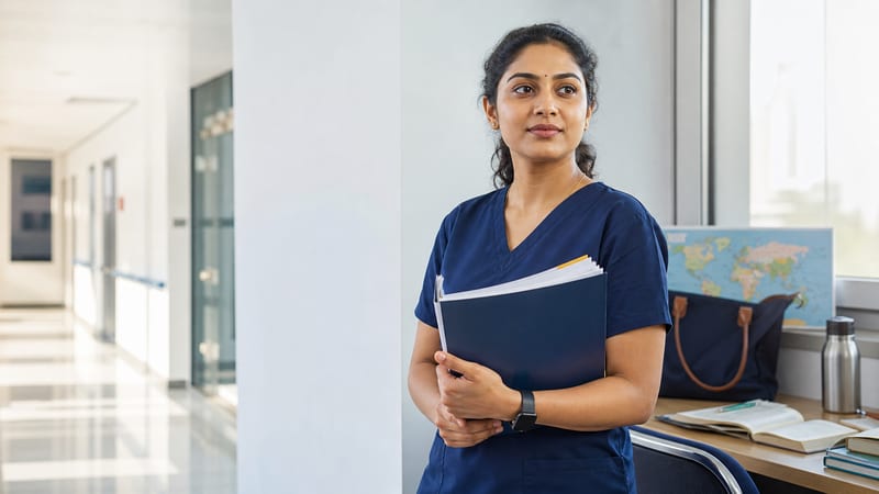 An Indian nurse standing in a bright hospital corridor holding a folder, a world map behind her, ready for the move abroad.