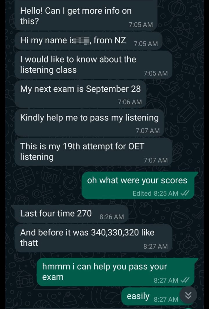Anonymised WhatsApp message: a nurse writing that this is her nineteenth attempt at OET Listening, her last four scores at 270 and 340, 330 and 320 before that. Her name is pixelated.