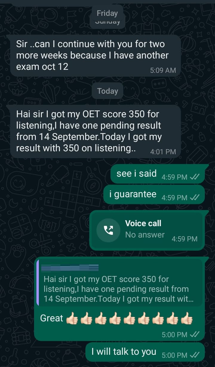 Anonymised WhatsApp message: the same nurse reporting 350 in OET Listening. Her name is pixelated on the quoted reply.