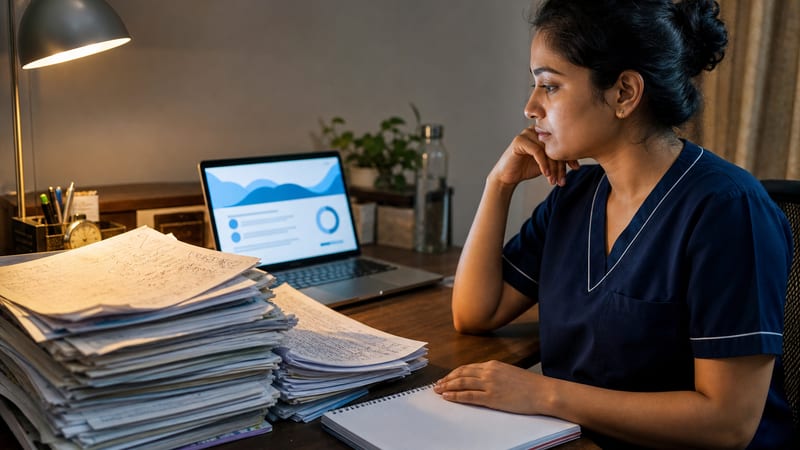 An Indian nurse at a desk late at night beside a tall stack of photocopied practice papers, the shared files that travel through every WhatsApp group.