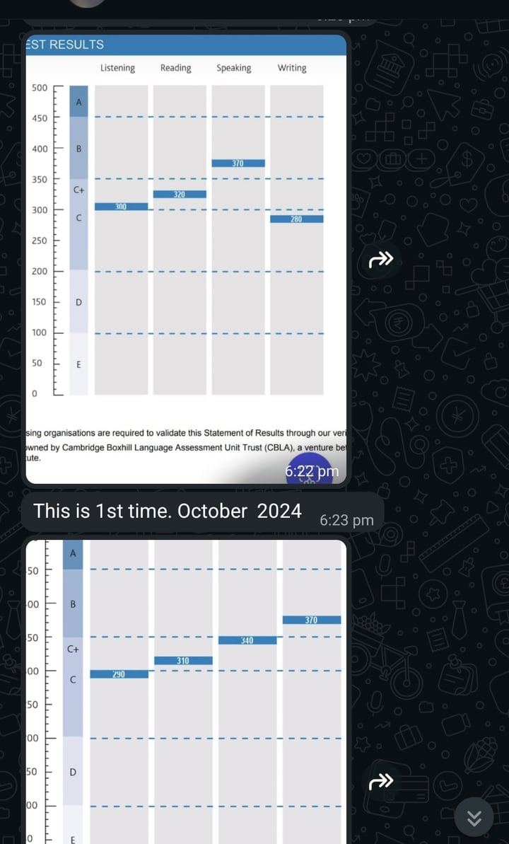 Anonymised statements of results from the same candidate. The first, marked October 2024, reads Listening 300, Reading 320, Speaking 370, Writing 280. The second reads Listening 290, Reading 310, Speaking 340, Writing 370. Her photograph and name are removed.