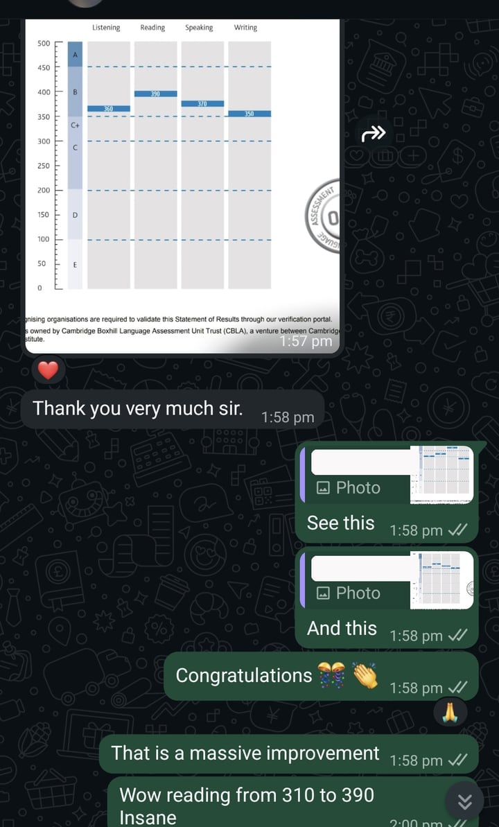 Anonymised statement of results from the same candidate after two months on the system, reading Listening 360, Reading 390, Speaking 370, Writing 350, four grade Bs, with the reply &ldquo;Wow reading from 310 to 390&rdquo;. Her photograph and name are removed.