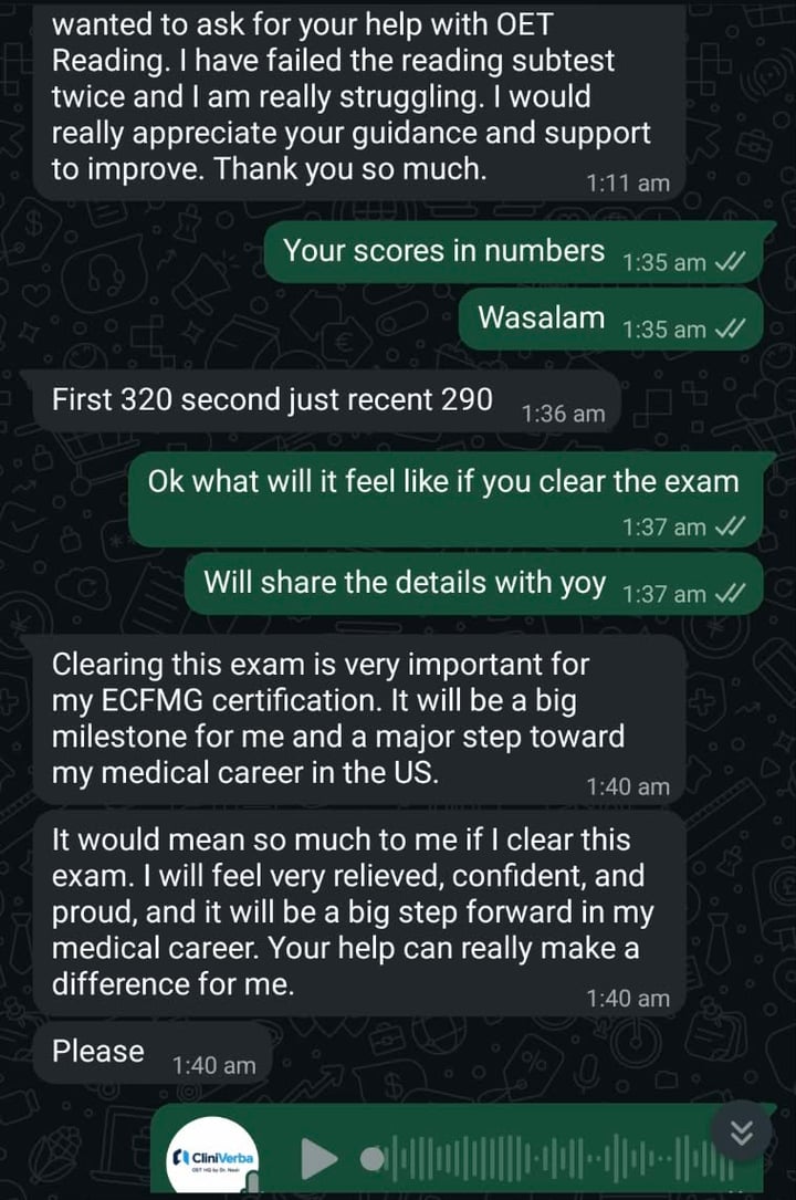 Anonymised message: a doctor writing that she has failed the OET Reading sub-test twice, with 320 the first time and 290 the second, and that clearing it matters for her ECFMG certification. Her name and photograph are removed.