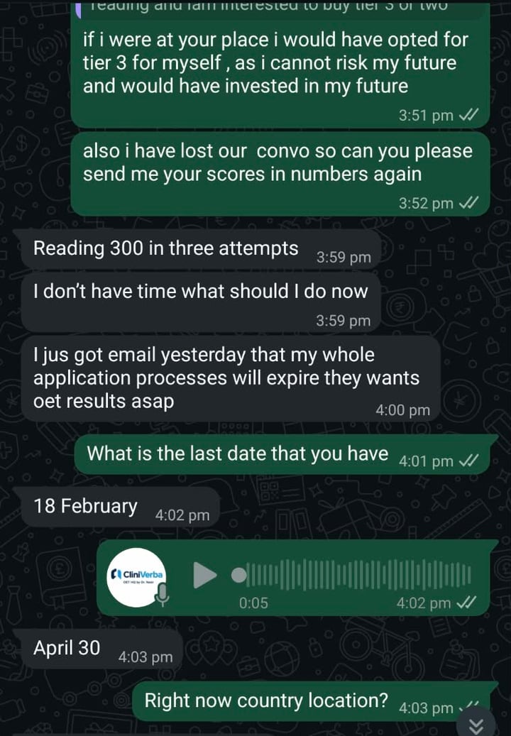 Anonymised message: the same doctor reporting Reading 300 in three attempts, saying she has no time left and that her whole application will expire, with an April deadline. Her name and photograph are removed.