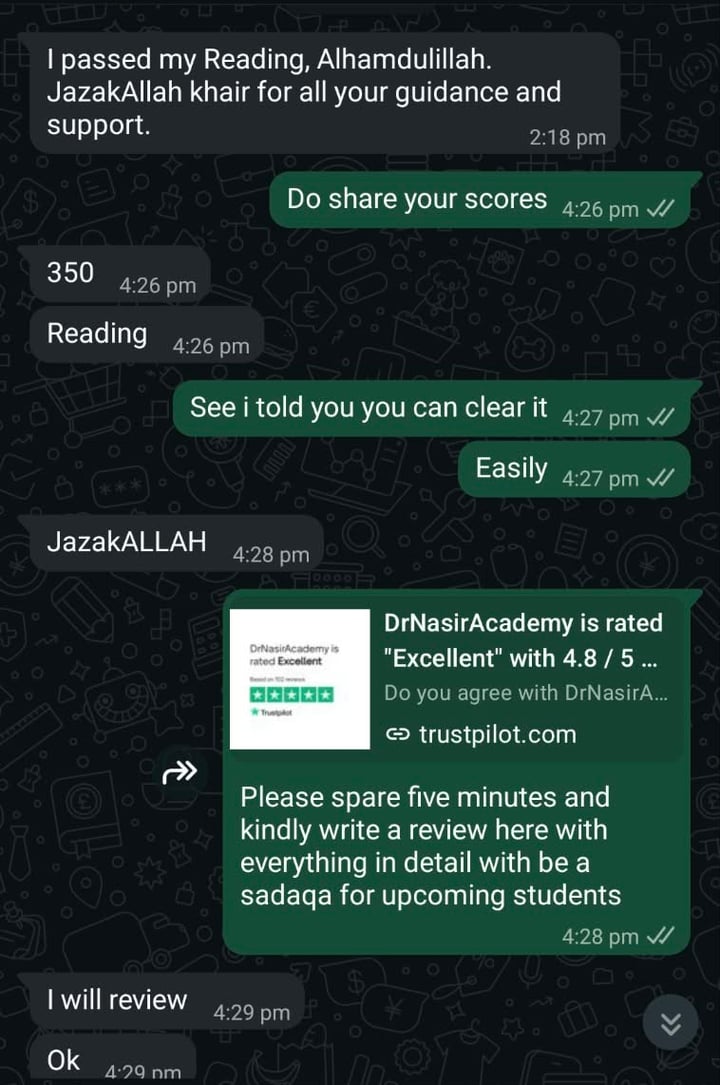 Anonymised message: the same doctor writing that she passed her Reading, and confirming the score as 350. Her name and photograph are removed.