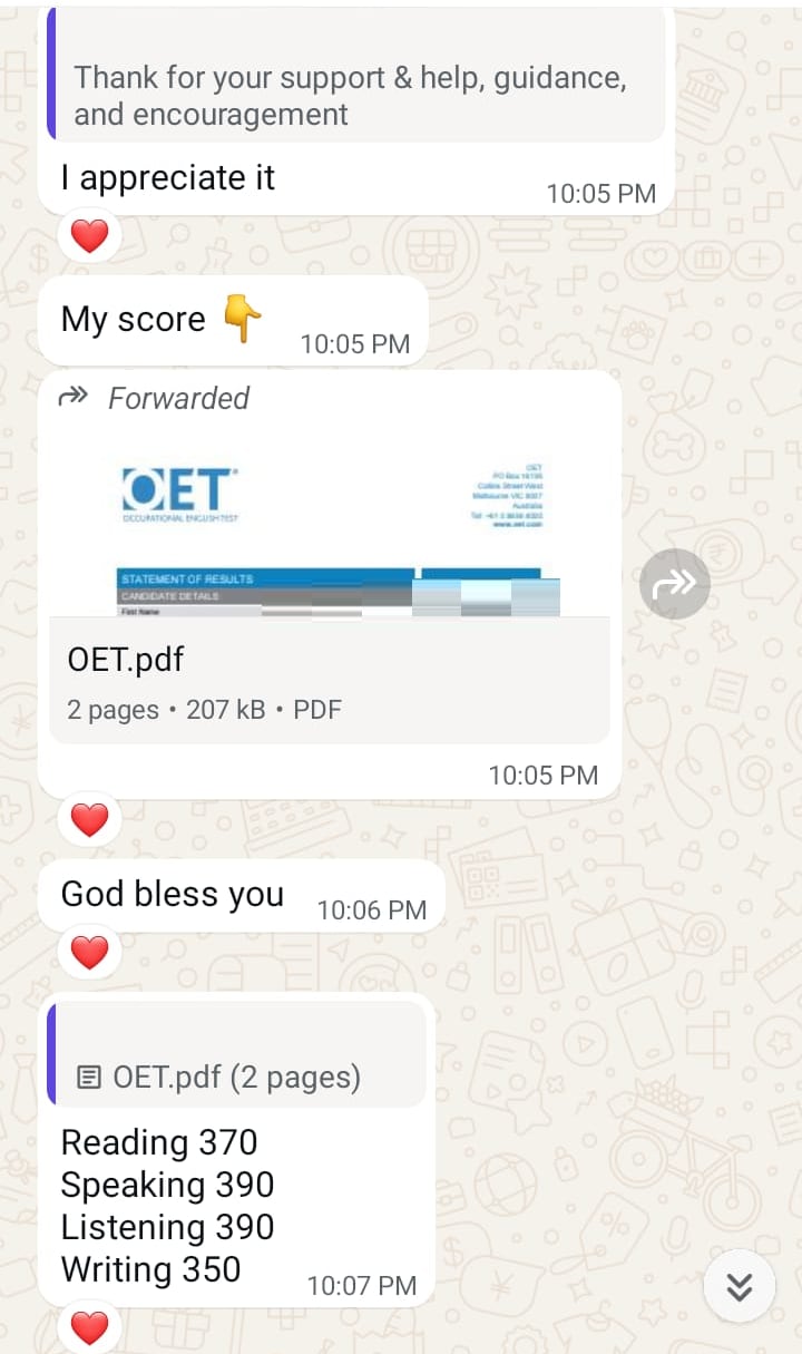 Anonymised WhatsApp message with the OET statement of results attached, showing Reading 370, Speaking 390, Listening 390 and Writing 350. The candidate name and photo are pixelated.