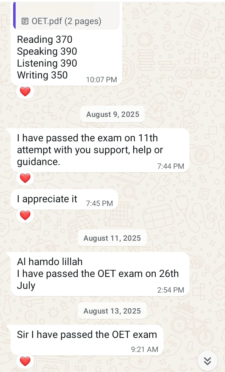 Anonymised WhatsApp message reading: I have passed the exam on 11th attempt with your support, help or guidance.