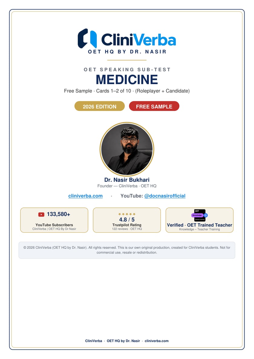Cover of the free OET Speaking sample cards for Medicine, 2026 edition