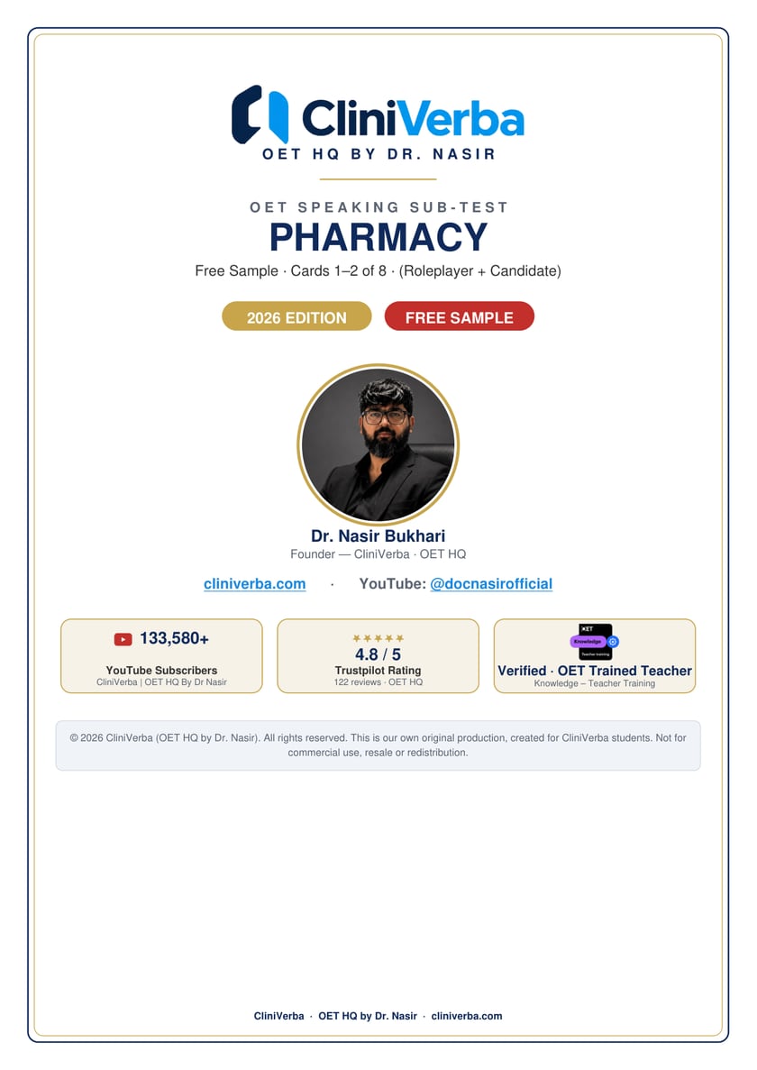Cover of the free OET Speaking sample cards for Pharmacy, 2026 edition