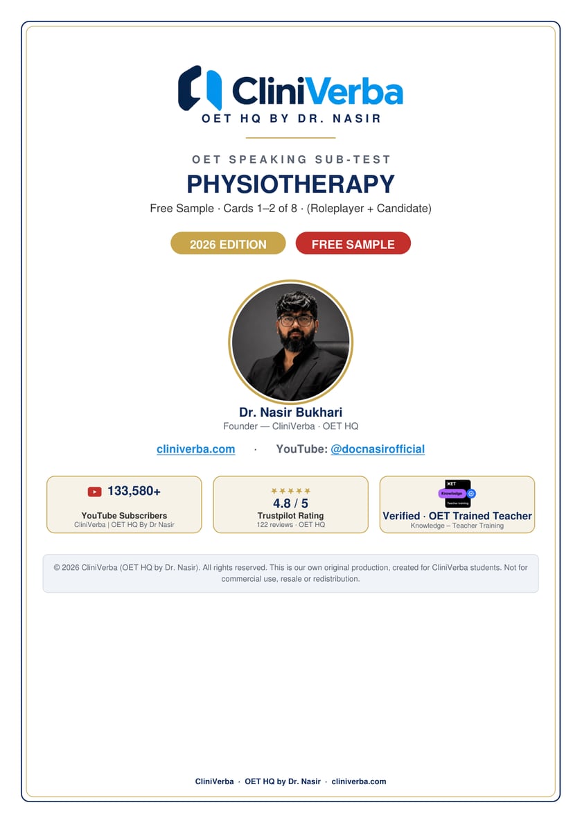 Cover of the free OET Speaking sample cards for Physiotherapy, 2026 edition