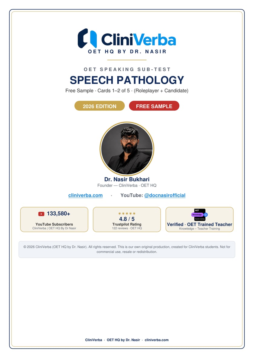 Cover of the free OET Speaking sample cards for Speech Pathology, 2026 edition