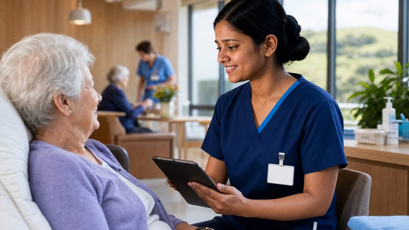 A nurse in navy scrubs sitting with an elderly resident in a bright care home, tablet in hand: the job waiting on the other side of one sub test.
