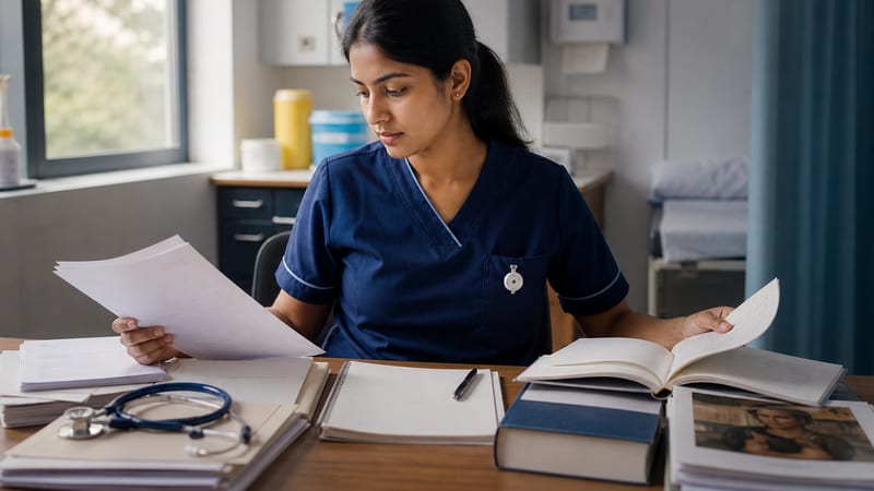 A nurse at a desk comparing a stack of clinical papers against an open academic textbook: the OET world of case notes beside the IELTS world of general reading.