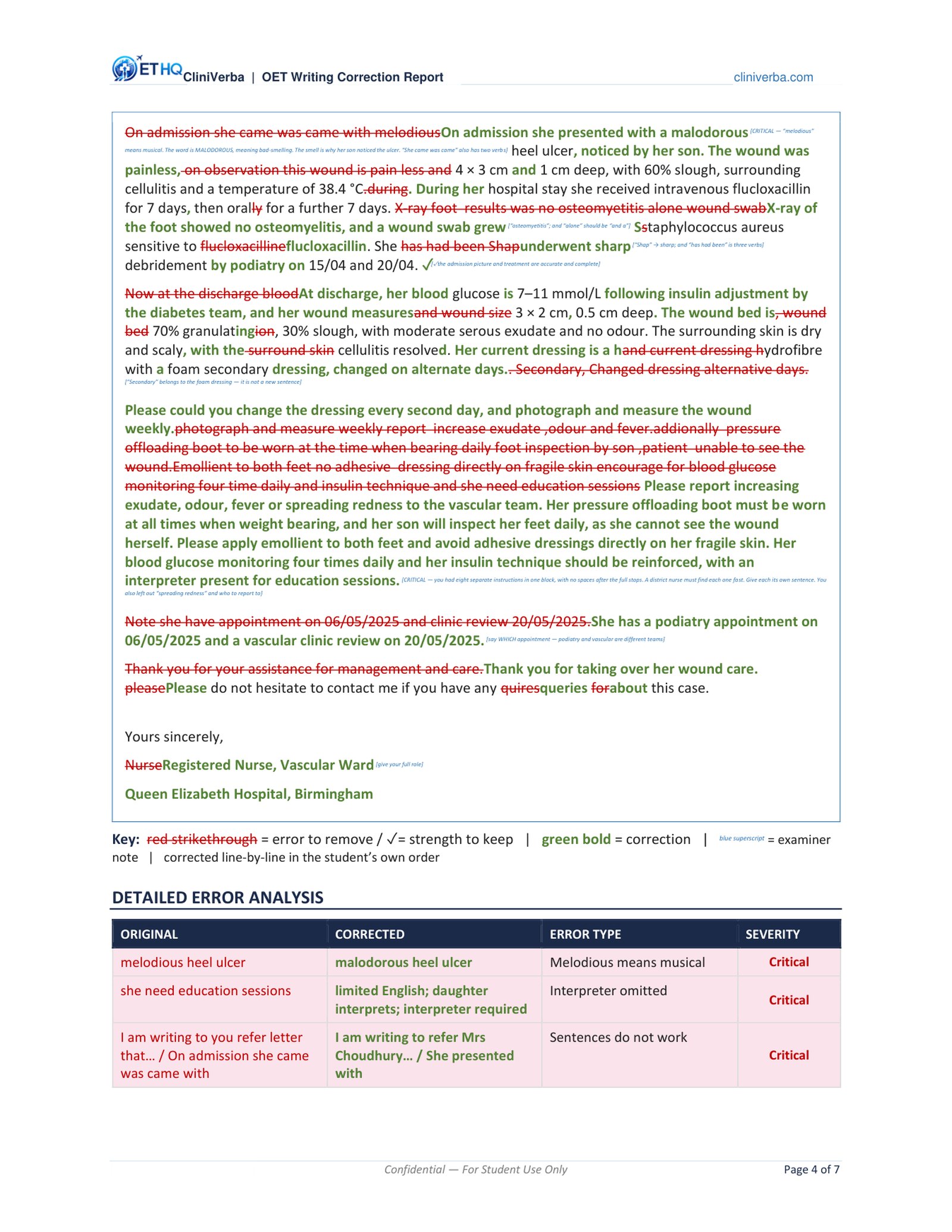 A page from an OET Writing correction report, marked line by line against the six criteria