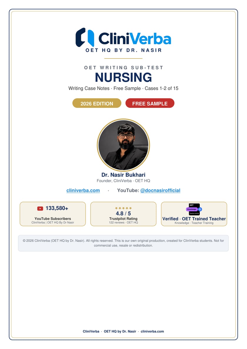 Cover of the free OET Writing case notes sample for Nursing, 2026 edition
