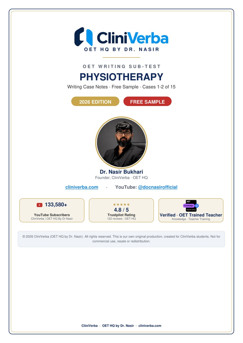 Cover of the free OET Writing case notes sample for Physiotherapy, 2026 edition