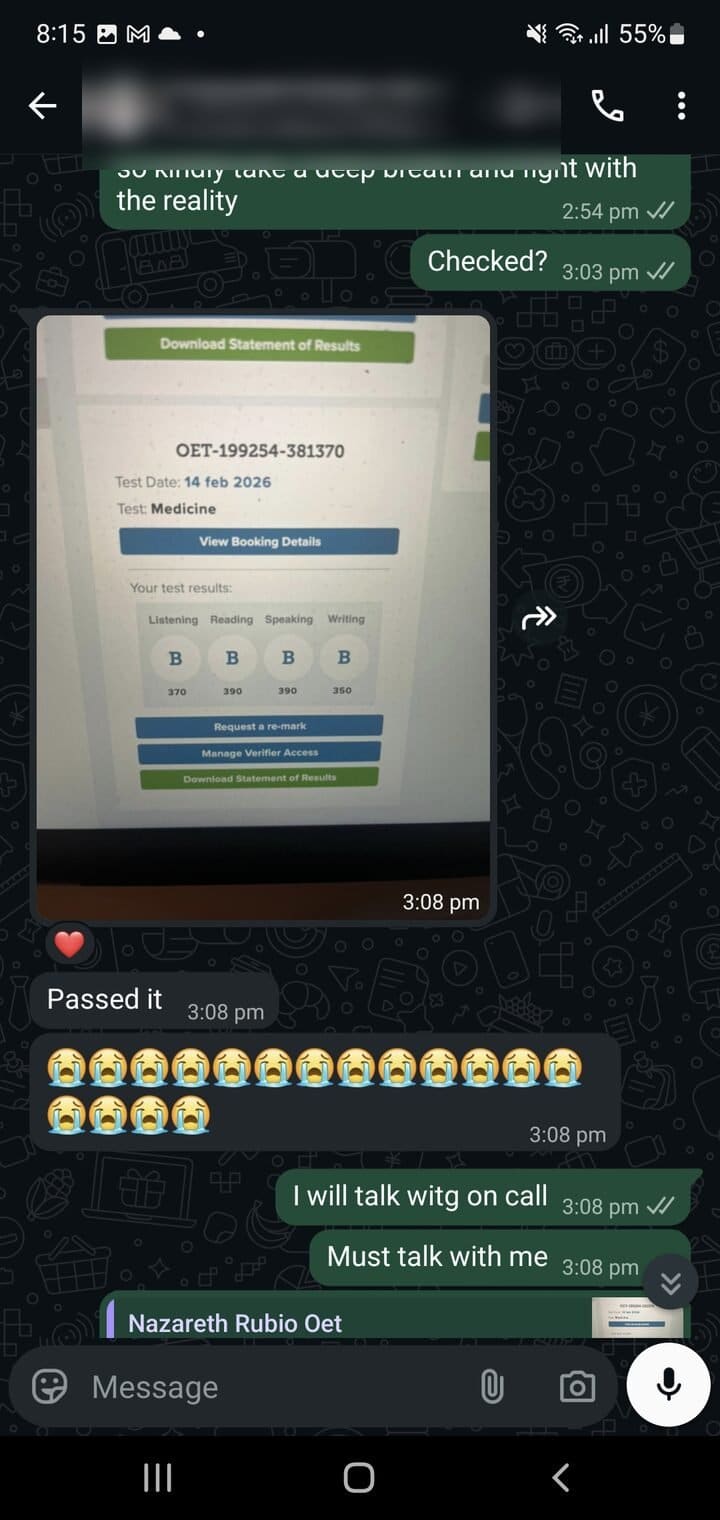 Story 02, after: the same student sharing their passing result