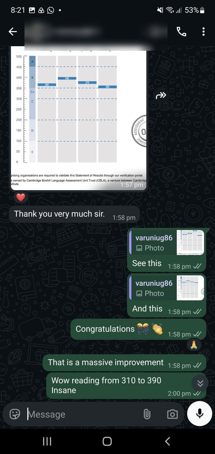 Story 05, after: the same student sharing their passing result