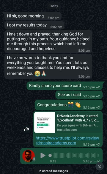 Anonymised WhatsApp message from a cleared OET student: a student writing that the process had left her discouraged and hopeless, before she passed. The name, profile photograph and any candidate number are removed from the image.