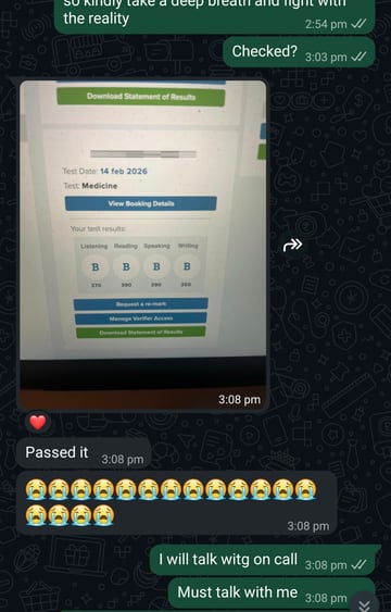 Anonymised WhatsApp message from a cleared OET student: a results screen showing B in all four skills, 370, 390, 390 and 350. The name, profile photograph and any candidate number are removed from the image.