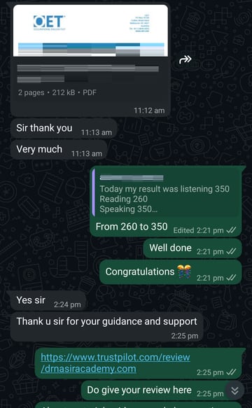 Anonymised WhatsApp message from a cleared OET student: a student reporting a Reading score rising from 260 to 350. The name, profile photograph and any candidate number are removed from the image.