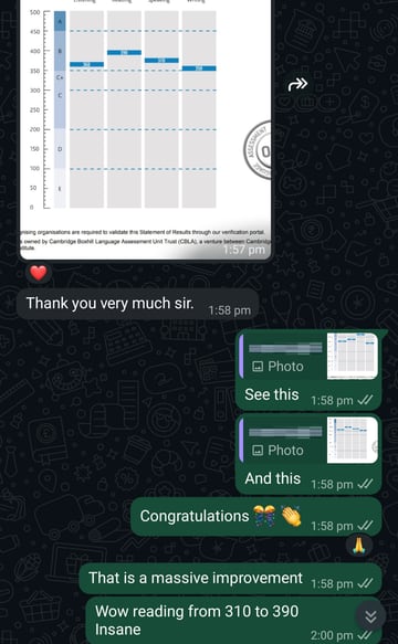 Anonymised WhatsApp message from a cleared OET student: a results chart with Reading risen from 310 to 390. The name, profile photograph and any candidate number are removed from the image.