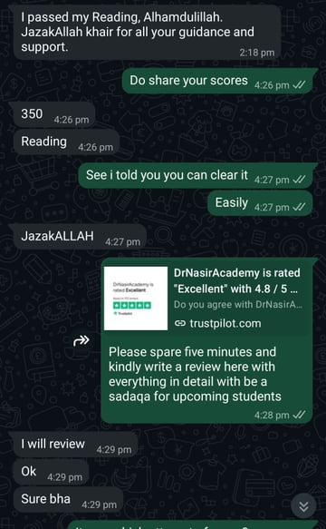 Anonymised WhatsApp message from a cleared OET student: a student reporting 350 in Reading. The name, profile photograph and any candidate number are removed from the image.