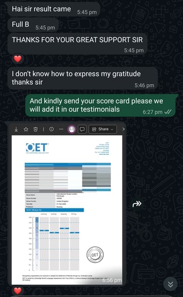 Anonymised WhatsApp message from a cleared OET student: a results page showing B in all four skills. The name, profile photograph and any candidate number are removed from the image.